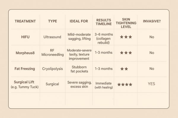 Table showing the comparisons of Skin tightening West Hampstead treatment options.
